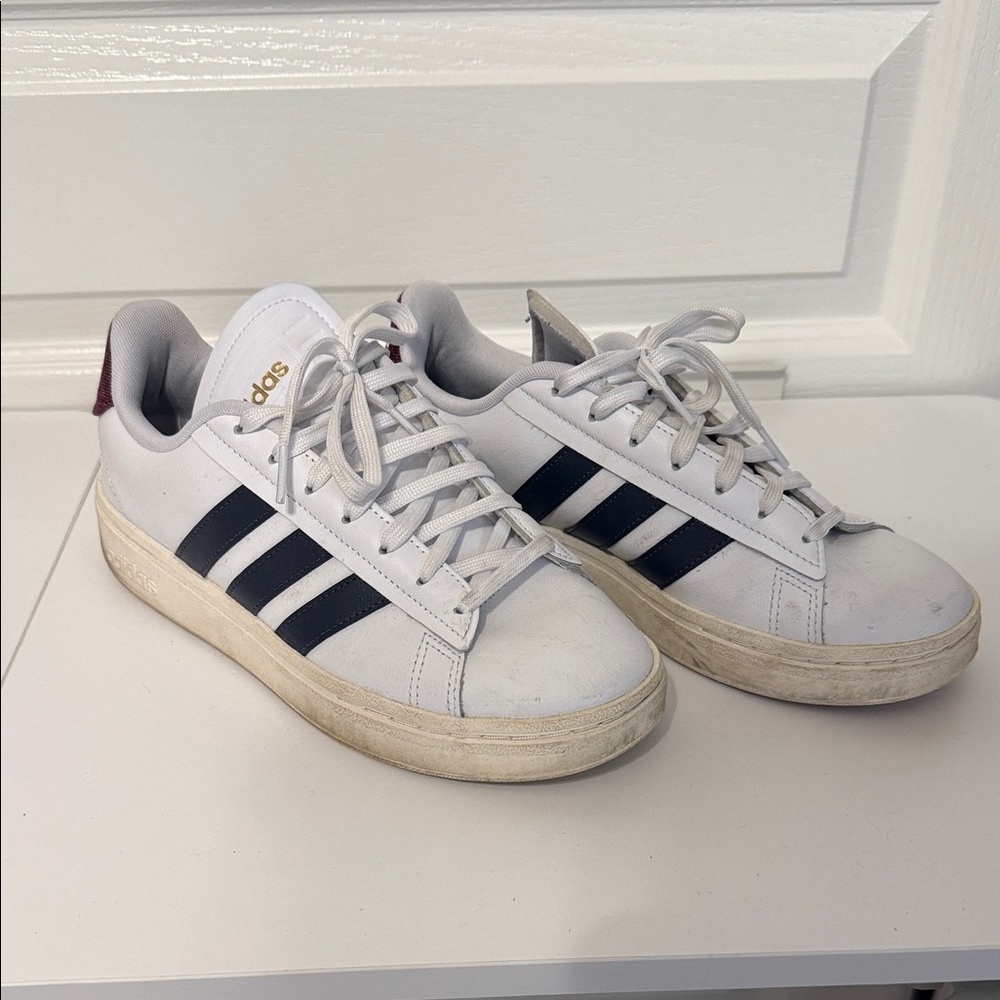 Adidas White and Navy Sneakers with Gold Accents